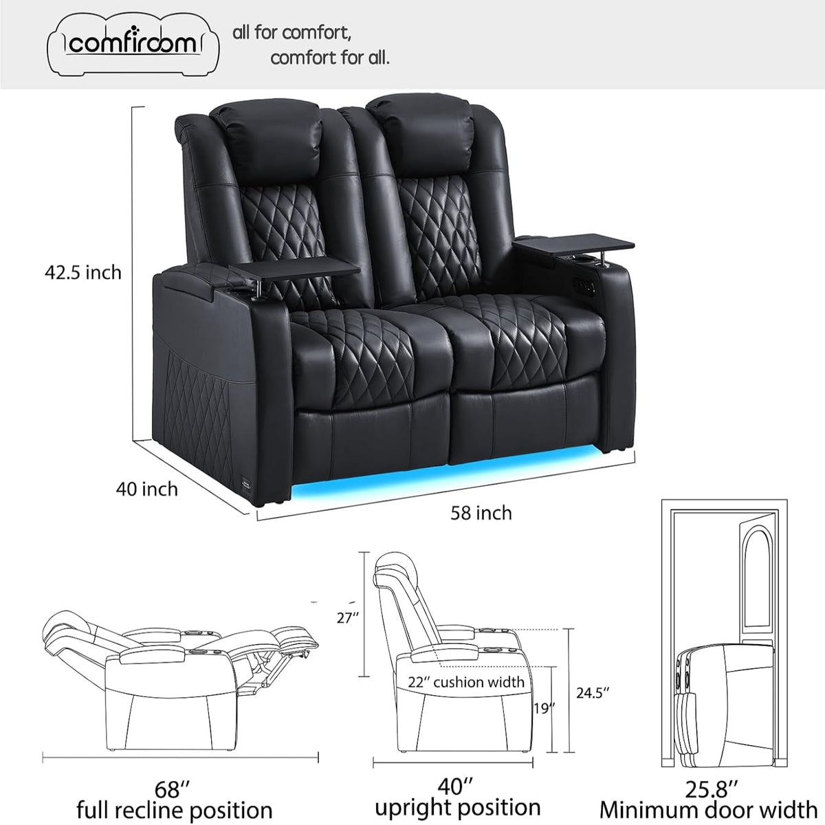 Top-Grain Leather Home Theater Seating, Dual-Motor Power Recliner